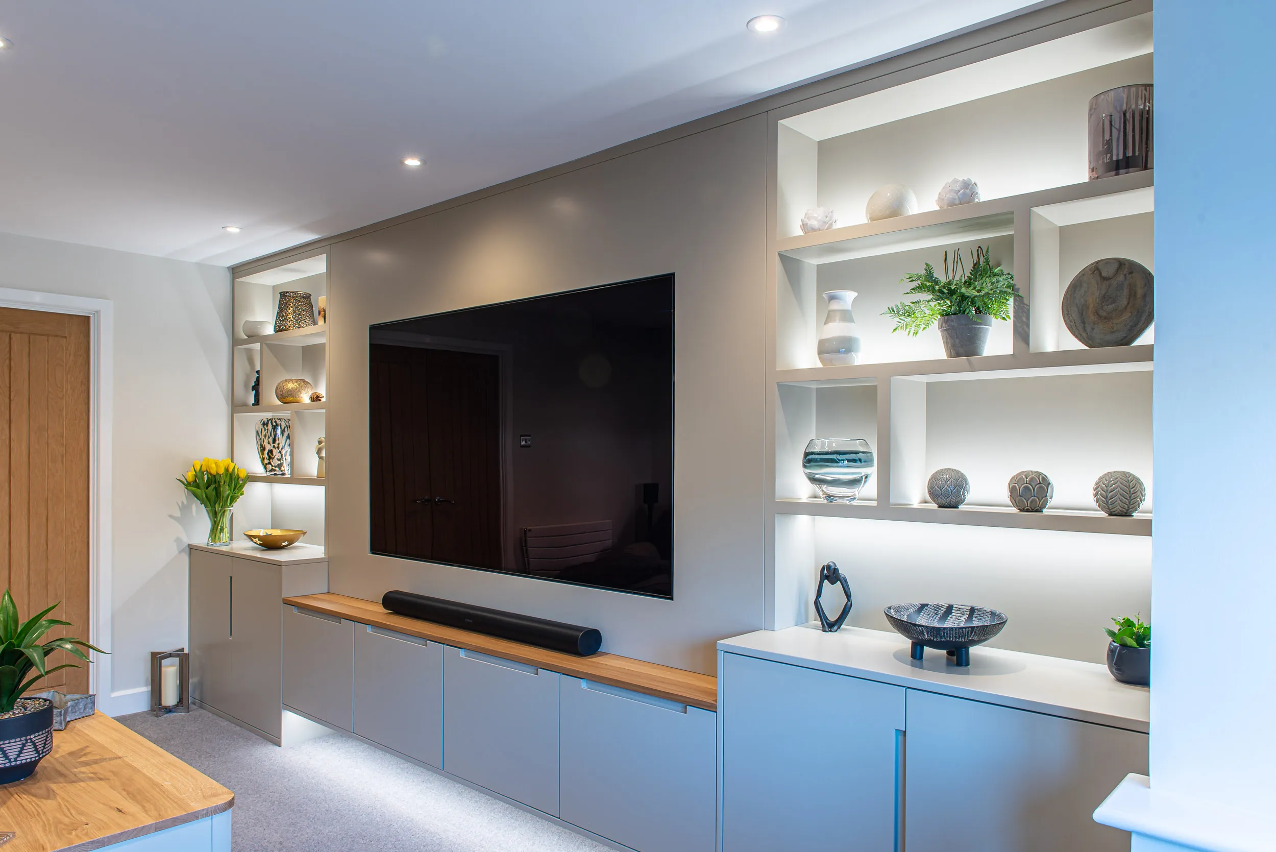 Debenvale Kitchens media wall and cloakroom bespoke installation photography by Thinksay