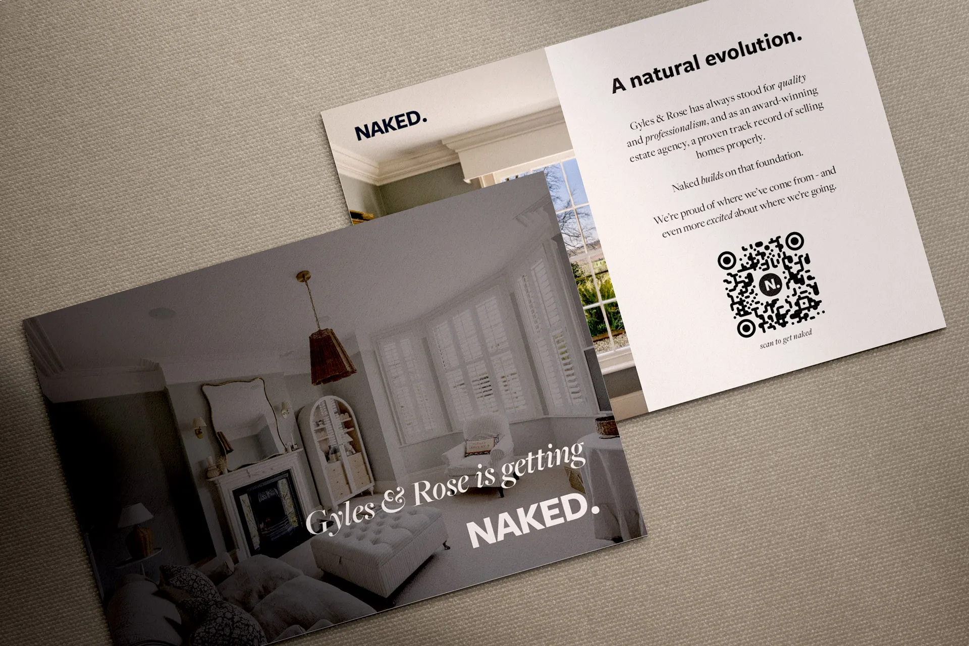 Naked door drop card, front and back. The front reads Gyles and Rose is getting NAKED over an interior photograph, the back carries a natural evolution message and a QR code.