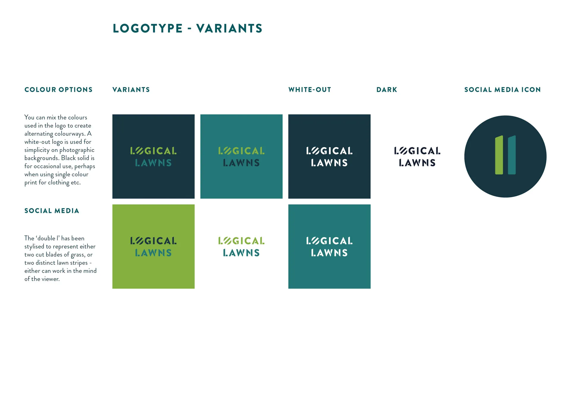 Logical Lawns brand guidelines colour palette — brand identity design by Thinksay, Essex