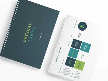 Brand identity mockup for Logical Lawns lawn care business, Essex — branding by Thinksay