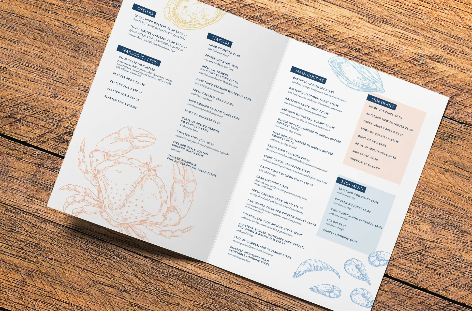 Menu design mockup for Harbour Lights restaurant — print design by Thinksay, Essex