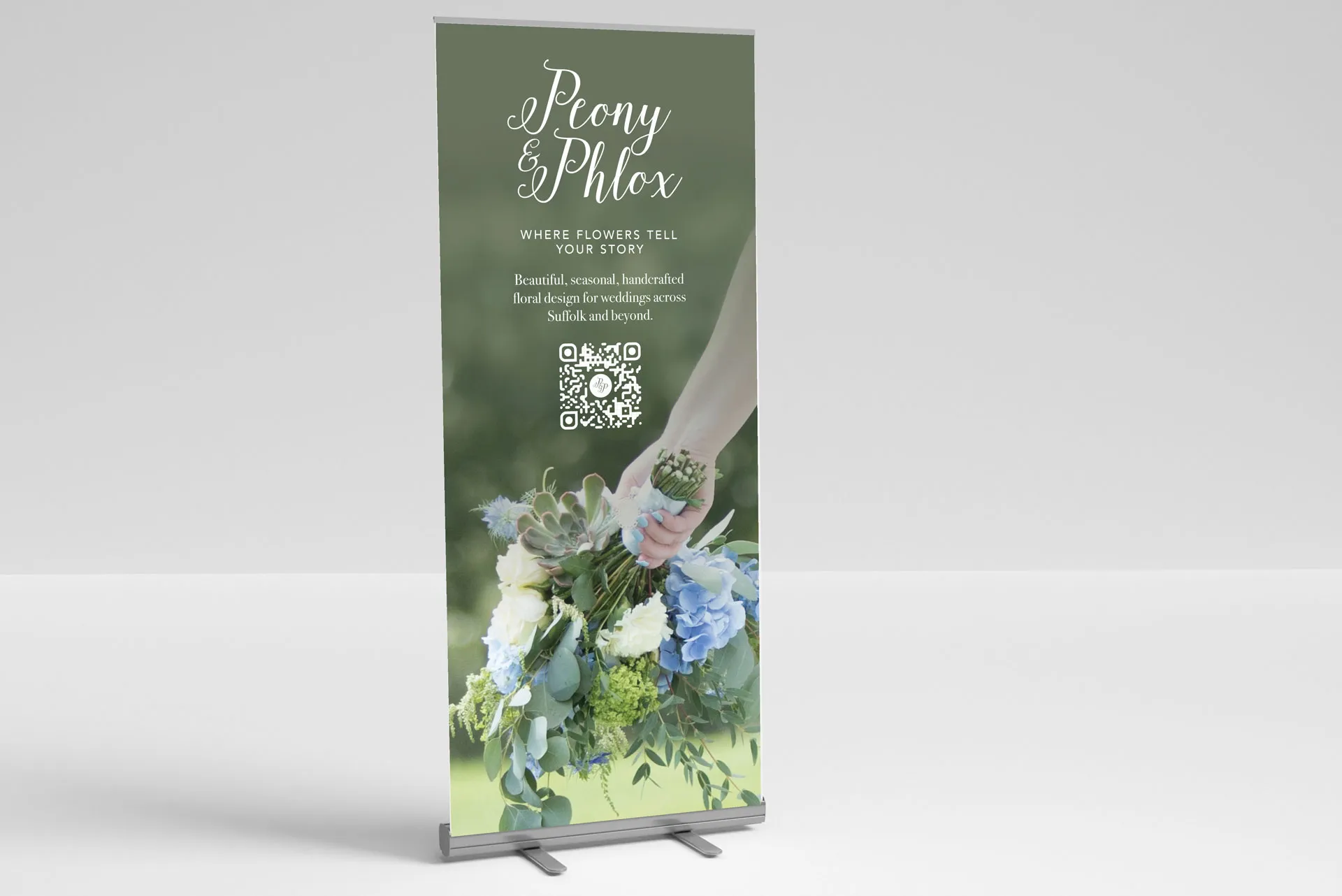 Roller banner print design for Peony & Phlox florist brand identity project, Colchester